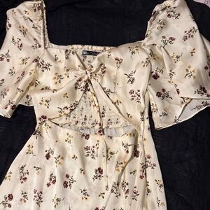 ZARA Satin Moroccan Silk Midi Floral Dress Cream White Dress Bow and Cut Out